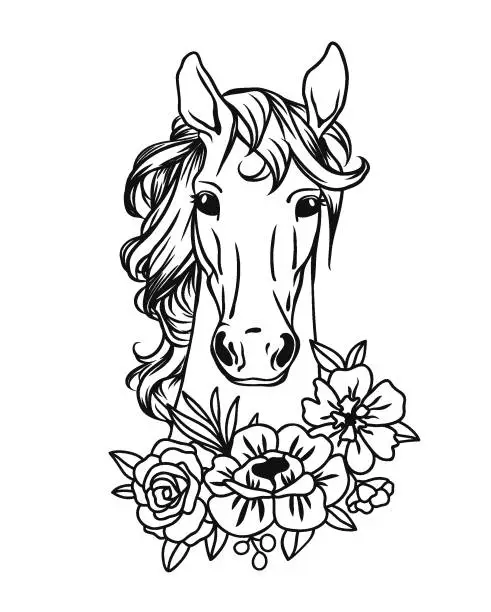 Vector illustration of Horse with flowers. Floral horse.