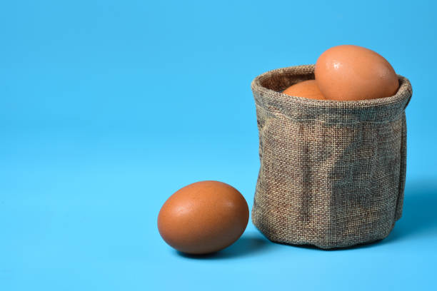 huevos frescos en una bolsa de saco sobre fondo azul. - animal egg eggs basket yellow fotografías e imágenes de stock