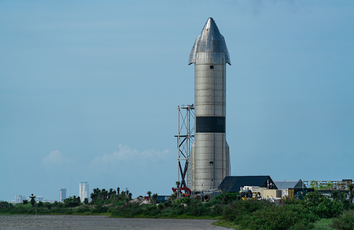 Boca Chica , Texas , USA - June 3rd 2021: SpaceX prepares for their next mission with the Spaceship SN15 at the high bay at the Starbase Space Facility in Boca Chica Texas USA