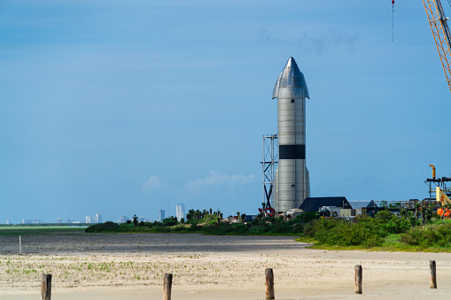 Boca Chica , Texas , USA - June 3rd 2021: SpaceX prepares for their next mission with the Spaceship SN15 at the high bay at the Starbase Space Facility in Boca Chica Texas USA