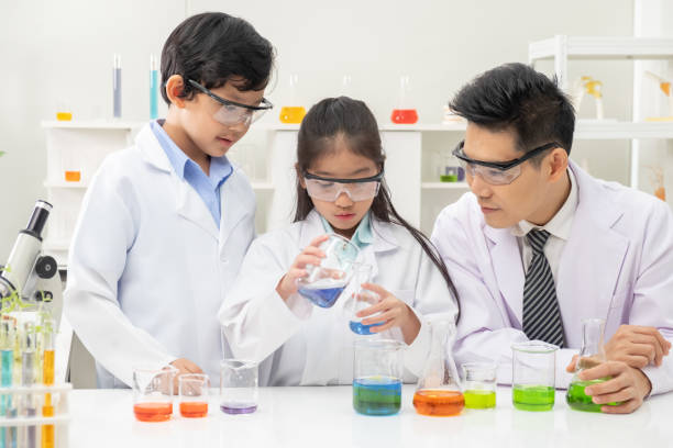 istock Young Asian boy and girl smile and having fun while doing science experiment in laboratory classroom with Teacher. Study with scientific equipment and tubes. Education concept. 1322143543