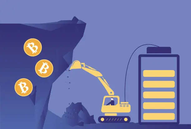 Vector illustration of A battery-powered excavator digs bitcoin in the hole
