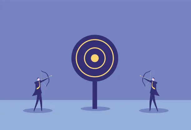 Vector illustration of Two people shoot arrows at the bullseye at the same time