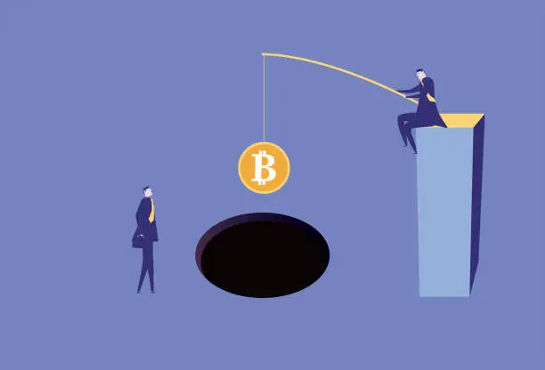 Vector illustration of Businessmen use Bitcoin to lure others into a trap