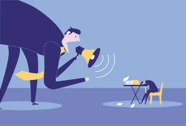 Vector illustration of The giant uses a loudspeaker to shout to a tired business man at work