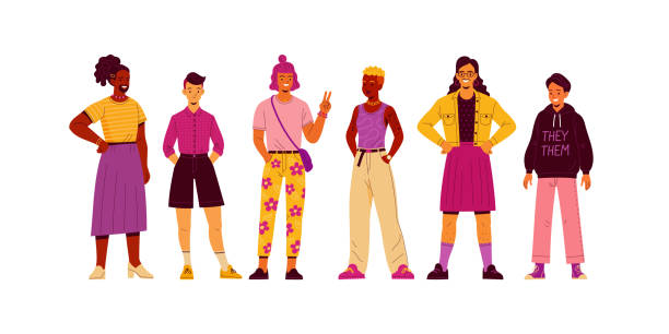 Non-binary people collection. Vector illustration of diverse cartoon young adult people without gender identity in trendy flat style. Isolated on white bi black stock illustrations