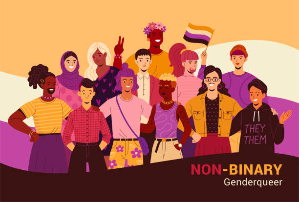 Non-binary People poster. Vector illustration of a group of diverse cartoon young adult people without gender identity in trendy flat style. Isolated on background with yellow-purple-black flag non binary gender stock illustrations