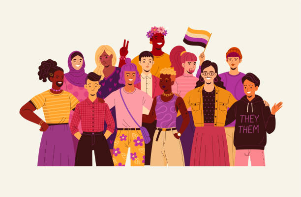 Group of non-binary people. Vector illustration in yellow-purple colors of diverse cartoon young adult people without gender identity in trendy flat style. Isolated on white man gay stock illustrations