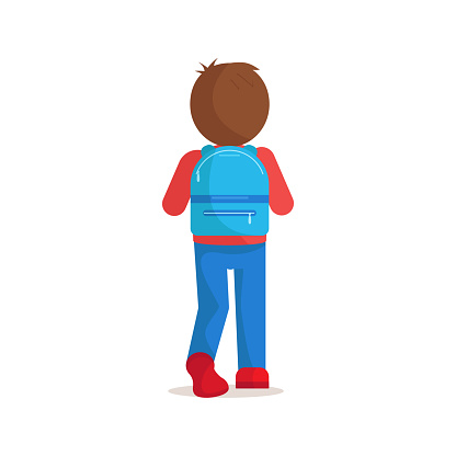 Boy, teenager, student with school backpack stands with his back turned. Schoolboy going to school with backpack. Back to school concept. Vector illustration isolated on white background