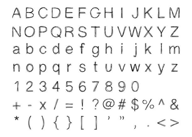 istock Uppercase and lowercase english alphabet, number and mathematics symbol as doodle handdrawing font style 1322154284