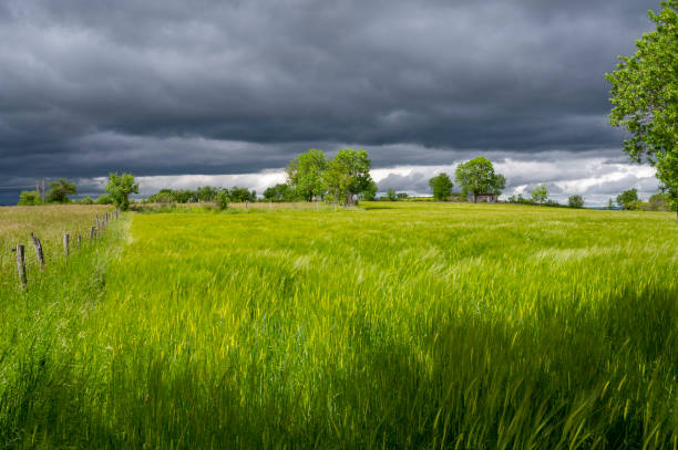 Spring landscape in the Auvergne mountains under a stormy sky