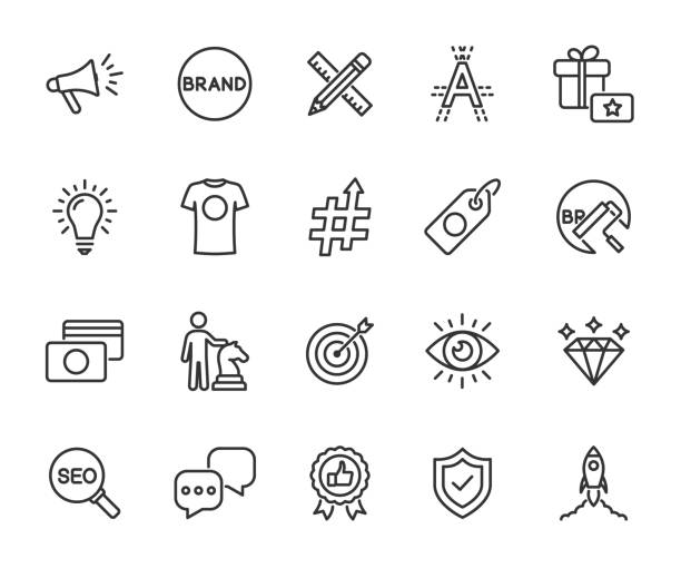 ilustrações de stock, clip art, desenhos animados e ícones de vector set of brand line icons. contains icons corporate identity, name, mission, vision, advertising, values, strategy, rebranding and more. pixel perfect. - advertise