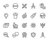 Vector set of brand line icons. Contains icons corporate identity, name, mission, vision, advertising, values, strategy, rebranding and more. Pixel perfect.