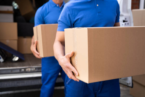 Truck Movers Loading Van Carrying Boxes stock photo