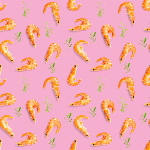 istock Tiger shrimp. Seamless pattern made from Prawn isolated on a pink background. Seafood seamless pattern with shrimps. seafood pattern 1322156370