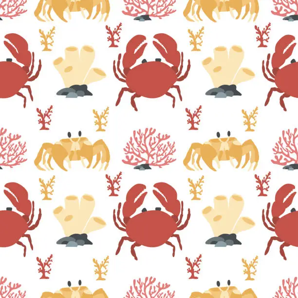 Vector illustration of Seamless pattern with crab, corals, shells, seaweed, squid, starfish, lobster, zebra lionfish. Vector design of sea life for fabric, textile, wallpaper, print