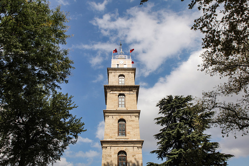 The old watchtower established by the Ottoman Empire. Now the clock tower. Bursa in Turkey.