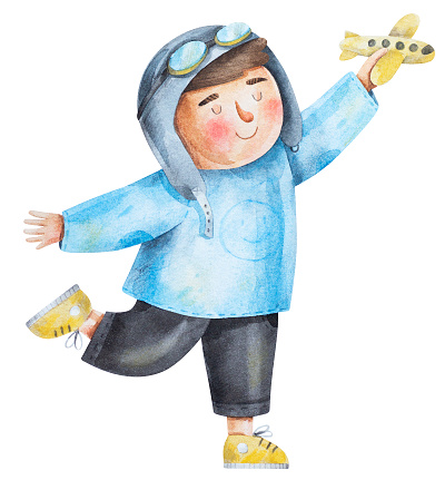 Boy plays with toy plane. Bright watercolor illustration. Hand-drawn kid in fancy dress of pilot with little plane. Picture for birthday greeting card