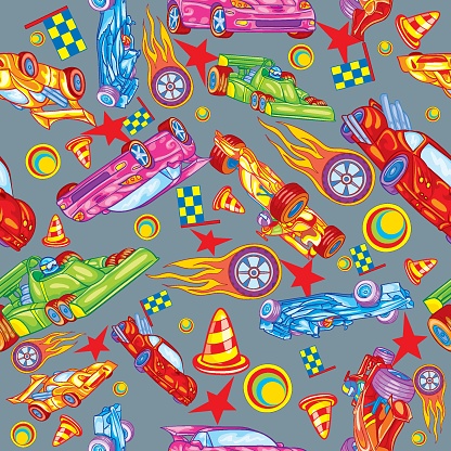Colored Racing Designs Pattern Of Colored Racing Cars And Accessories On A Gray Background ...