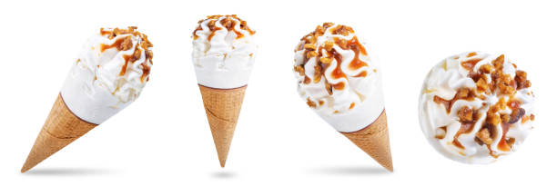 istock Caramel nuts vanilla ice cream in waffle cone on a white isolated background 1322161499