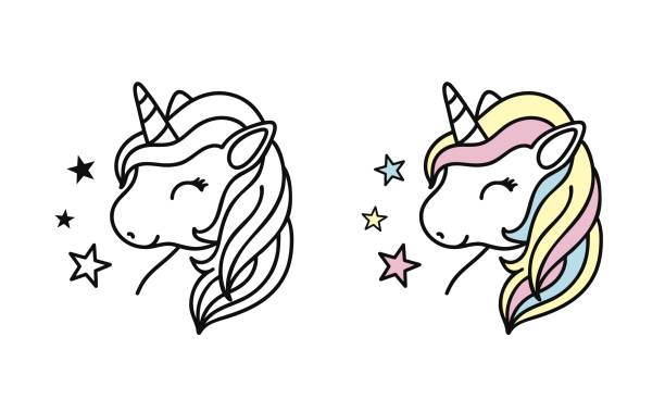 süße einhorn gesicht. vektor-illustration zum malen buch weißes einhorn mit regenbogen-haar. - unicorn stock-grafiken, -clipart, -cartoons und -symbole