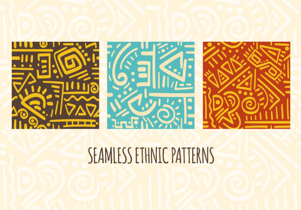 Set of seamless patterns with tribal ornaments Set of seamless patterns with tribal ornaments of red, yellow, blue and brown colors. Endless texture can be used for pattern fills, web page background, surface textures. Vector illustration EPS8 african pattern stock illustrations