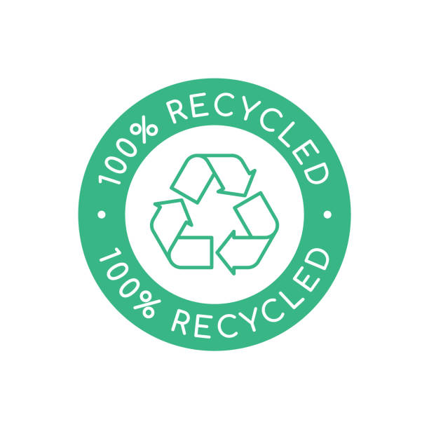 bildbanksillustrationer, clip art samt tecknat material och ikoner med grön 100% återvunnen skylt, stämpel eller logotyp. symbol för återvinningsbart material. - återvinning