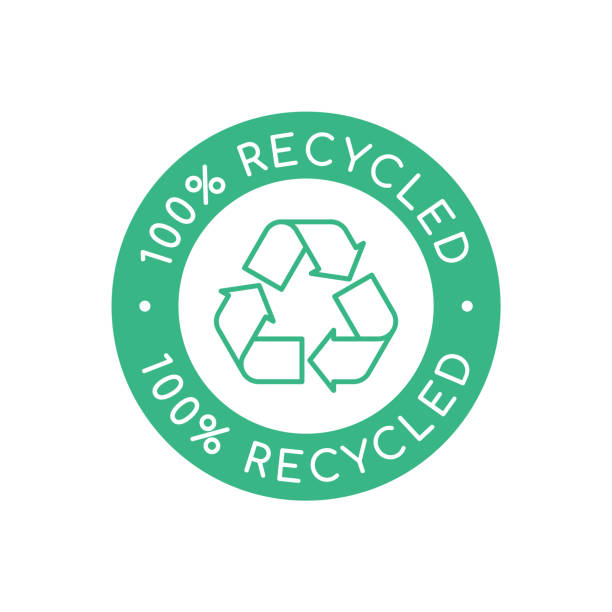 Green 100% recycled sign, stamp or logo. Recyclable material symbol. Eco friendly concept. Recycle icon arrows in a circle. Recycled product label. Zero waste idea. Vector illustration, flat, clip art recycled material stock illustrations