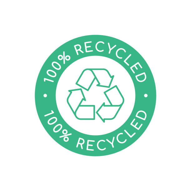 Green 100% recycled sign, stamp or logo. Recyclable material symbol. Eco friendly concept. Recycle icon arrows in a circle. Recycled product label. Zero waste idea. Vector illustration, flat, clip art recycling stock illustrations