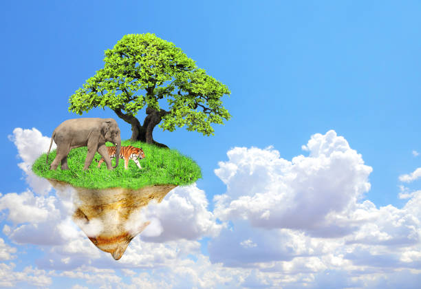 istock Fantasy floating island with green grass, tree, wild animals 1322172082