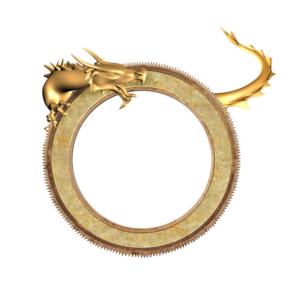 Vintage information board with oriental dragon. Golden dragon and round ancient metal frame. Object isolated on white background. Mock up template. Copy space for text. 3d render
