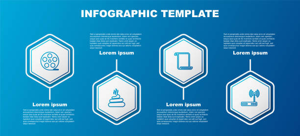 illustrazioni stock, clip art, cartoni animati e icone di tendenza di set line film reel, merda, rotolo di carta e router e wi-fi. modello infografico aziendale. vettore - film reel photography dirty film industry