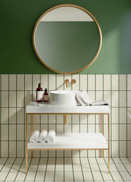 istock 3d render of a modern minimal green bathroom with white wash basin 1322173333