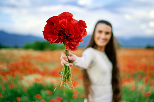 Woman holding poppies in poppy field