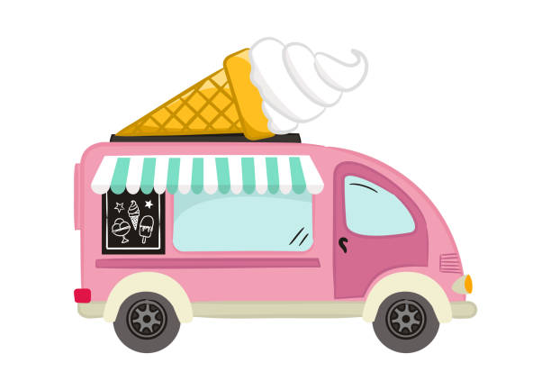 Hand drawn ice cream van isolated on white background. Hand drawn ice cream van isolated on white background. A car with a striped awning and a waffle cone on the roof. Vector illustration on the theme of summer, sweets and the holiday. ice cream van stock illustrations