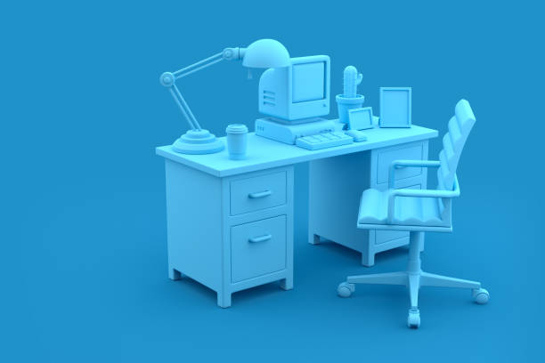 istock Office Room with Desk, Computer and Chair in Blue Background, 3d Rendering 1322178026