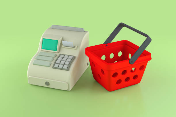 cesta de la compra con caja registradora, renderizado 3d - cash register coin cash box checkout counter fotografías e imágenes de stock