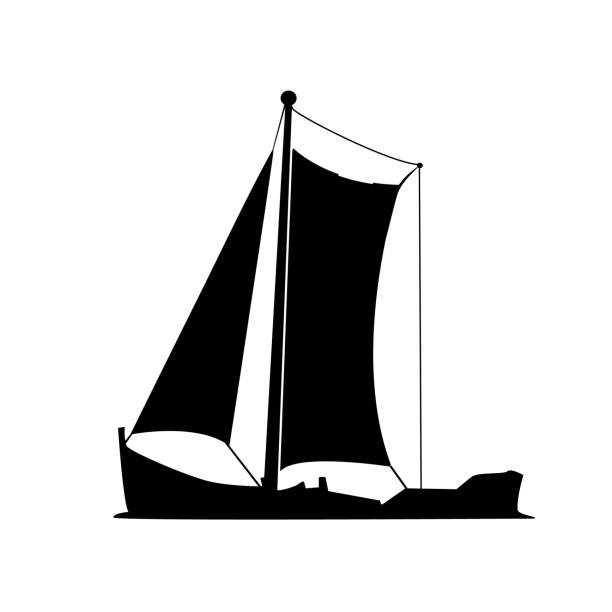 Sailboat silhouette isolated on white background. Yacht icon. Small boat with sail. Sailing ship symbol. Vessel logo or symbol. Vintage fishing vessel. Nautical worldwide yachting or traveling. Sea journey symbol. Stock vector illustration dhow stock illustrations