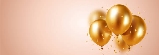 istock Background vector with festive realistic 3d balloons with ribbon. Celebratory design with gold colored balloons on pink strewn with glittering confetti. Stylish poster, cover, banner, site, mobile app 1322179189