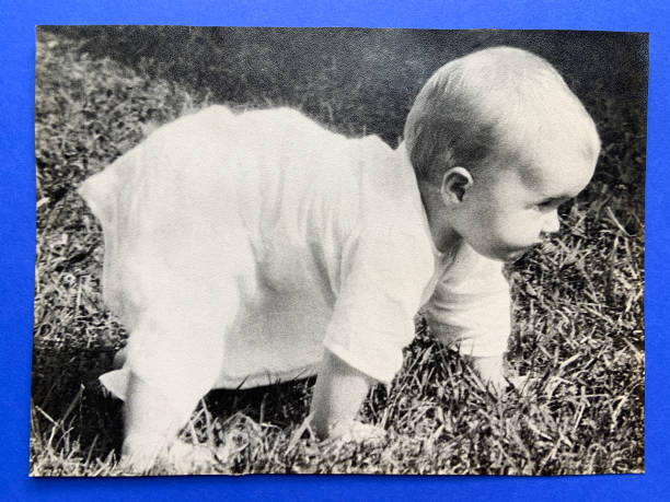Baby Girl Crawling 1919 Old Photograph Old photograph of baby girl crawling on all fours because she didn't like the feel of grass.  1919 1910 1919 photos stock pictures, royalty-free photos & images