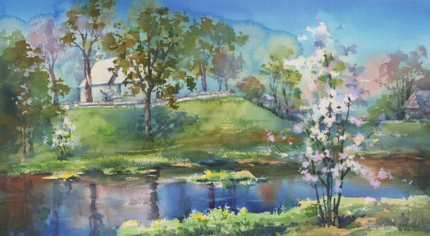istock Zagare by the river in spring watercolor background 1322182731