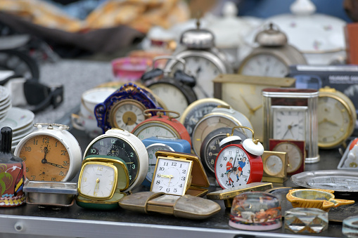 A lot of alarm clocks a large weekly flea market in Vienna, Austria, Europe