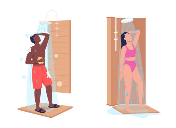 illustrations, cliparts, dessins animés et icônes de jeu de caractères vectoriels de couleur semi-plats - shower silhouette women people
