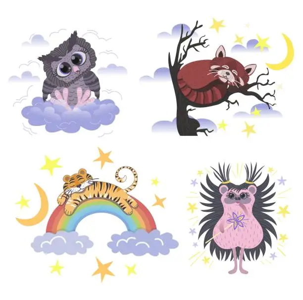 Vector illustration of Set of cute posters drawn in cartoon style - owl, hedgehog, tiger and red panda.
