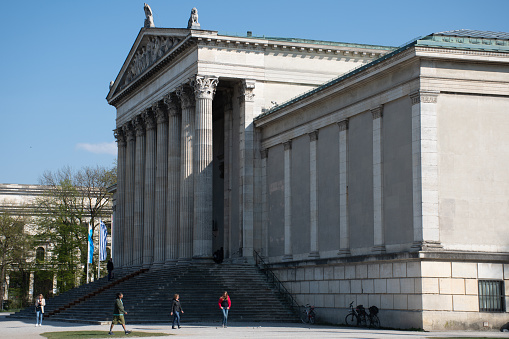 Munich, Germany - April 27, 2021: The Staatliche Antikensammlungen (State Collections of Antiquities) museum in Königsplatz (King's Square), a 19th-century square modeled on the Acropolis in Athens.