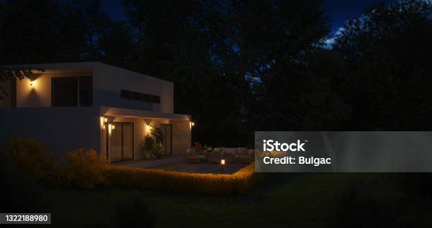 Modern Family Villa Stock Photo - Download Image Now - Night, House, Outdoors