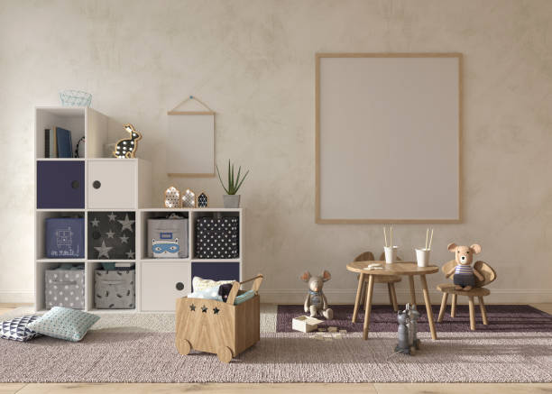 istock Children room interior scandinavian style with mock up frame on wall background 1322192379