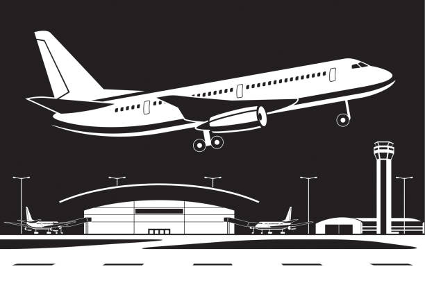 ilustraciones, imágenes clip art, dibujos animados e iconos de stock de aviones que despegarán del aeropuerto por la noche - global business taking off commercial airplane flying