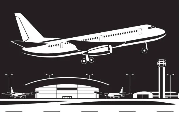 Vector illustration of Aircraft taking off from the airport by night