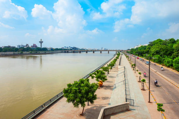 Sabarmati riverfront aerial view in the city of Ahmedabad, Gujarat state of India